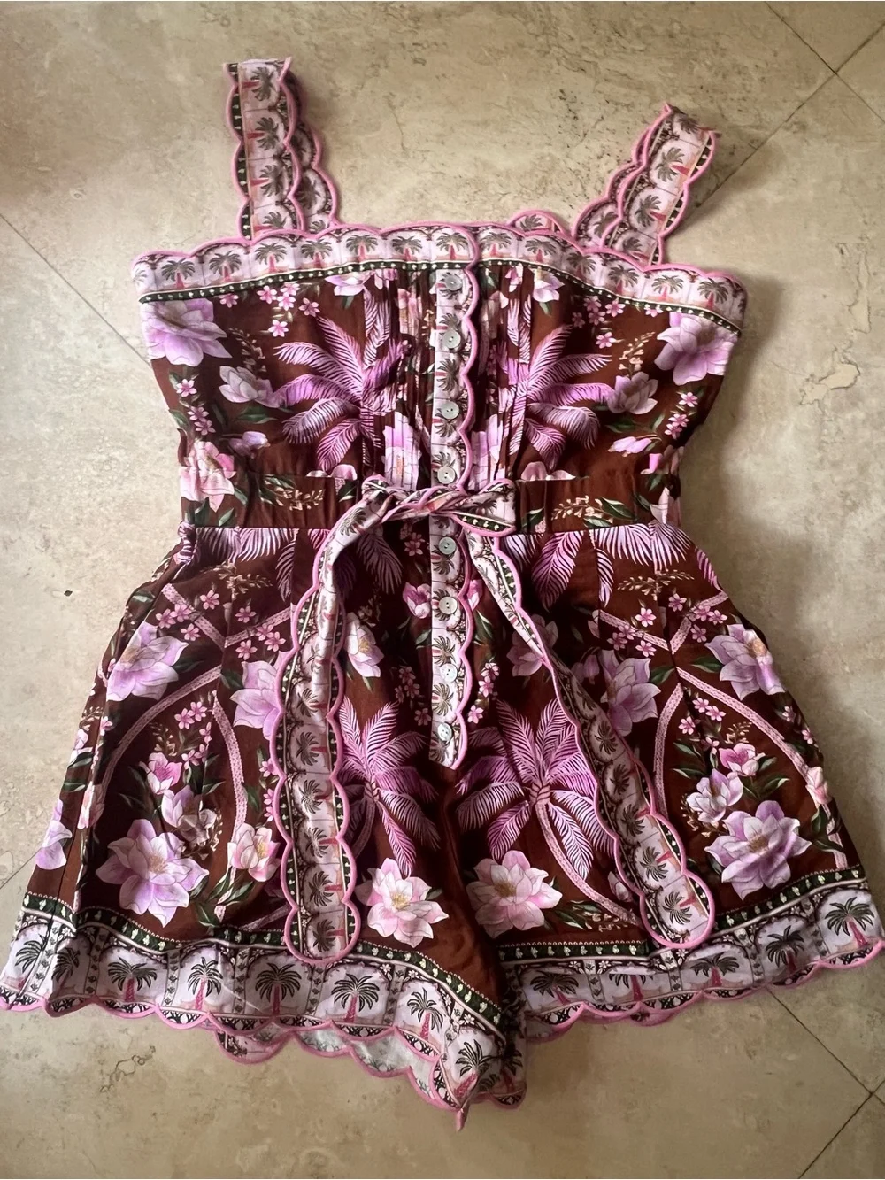 FARM Rio Brown Romper with Tropical Floral Scallop Trim - Picture 1 of 4